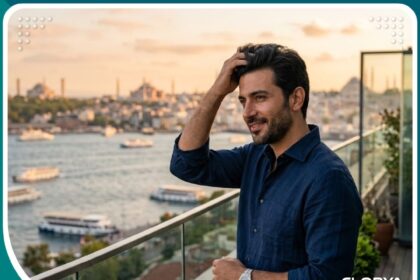 رجل واثق ذو شعر كثيف وطبيعي بعد خضوعه لأحدث طرق زراعة الشعر، يطل على البوسفور في إسطنبول.