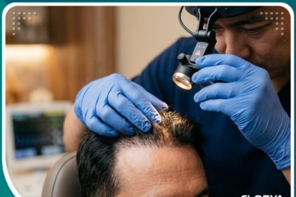 طبيب مختص يفحص بصيلات الشعر بدقة لتجنب أسباب فشل زراعة الشعر وضمان أفضل النتائج.