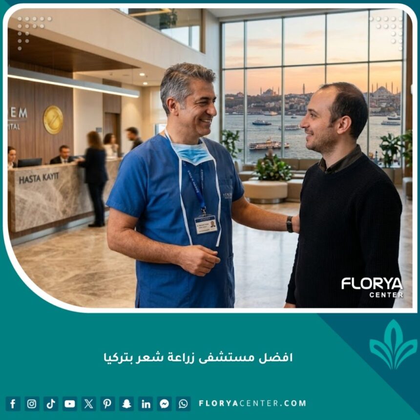 واجهة مقال عن أفضل مستشفى زراعة شعر بتركيا تظهر مريضًا يتحدث مع طبيب خبير في مستشفى حديث ومعتمد يطل على البوسفور في إسطنبول.