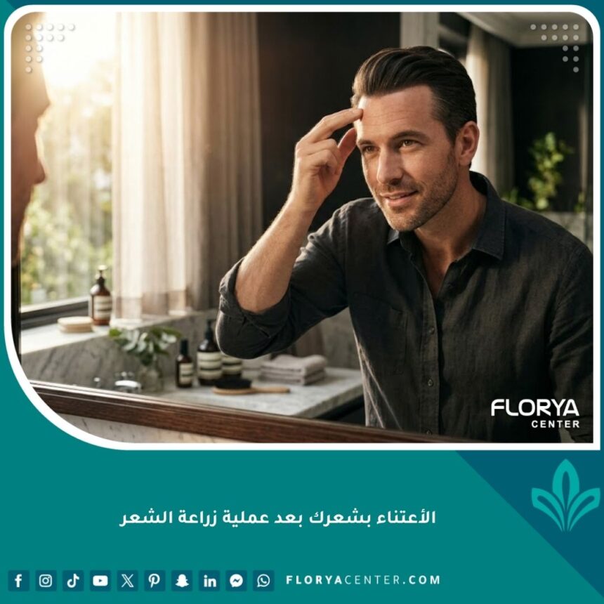 رجل يعتني بشعره المزروع أمام المرآة - دليل الأعتناء بشعرك بعد عملية زراعة الشعر.