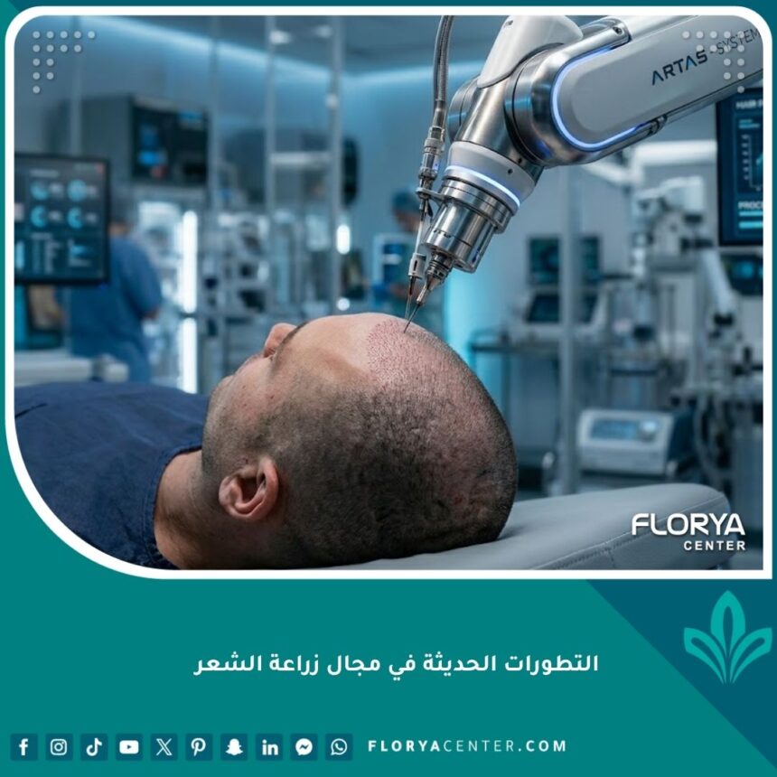 صورة سينمائية توضح تقنيات زراعة الشعر الروبوتية الحديثة والمستقبلية.