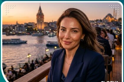صورة سينمائية لامرأة ذات بشرة مشدودة ونضرة بعد علاج الثيرماج في تركيا، مع خلفية لمدينة إسطنبول وقت الغروب.