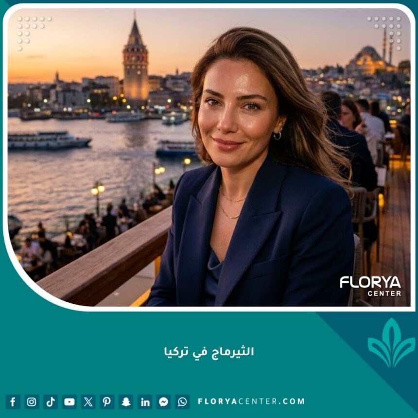 صورة سينمائية لامرأة ذات بشرة مشدودة ونضرة بعد علاج الثيرماج في تركيا، مع خلفية لمدينة إسطنبول وقت الغروب.