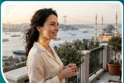 امرأة تركية جميلة تظهر نضارة بشرتها بعد إجراء الخيوط الذهبية لتحفيز الكولاجين في اسطنبول، مع إطلالة بانورامية على البوسفور ومسجد آيا صوفيا.