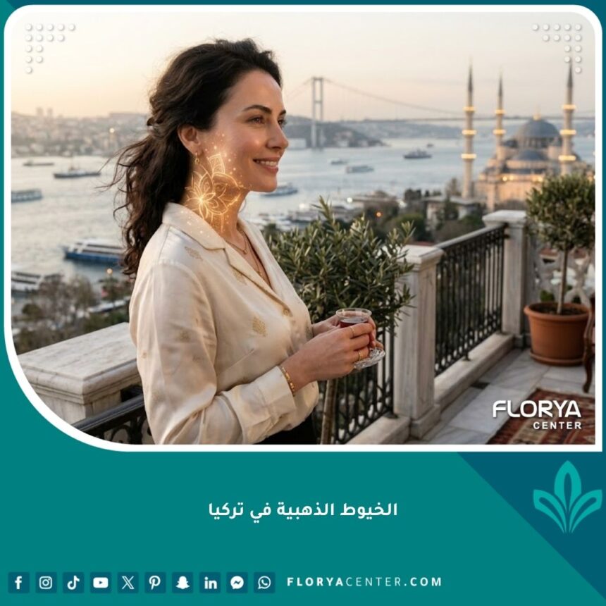 امرأة تركية جميلة تظهر نضارة بشرتها بعد إجراء الخيوط الذهبية لتحفيز الكولاجين في اسطنبول، مع إطلالة بانورامية على البوسفور ومسجد آيا صوفيا.