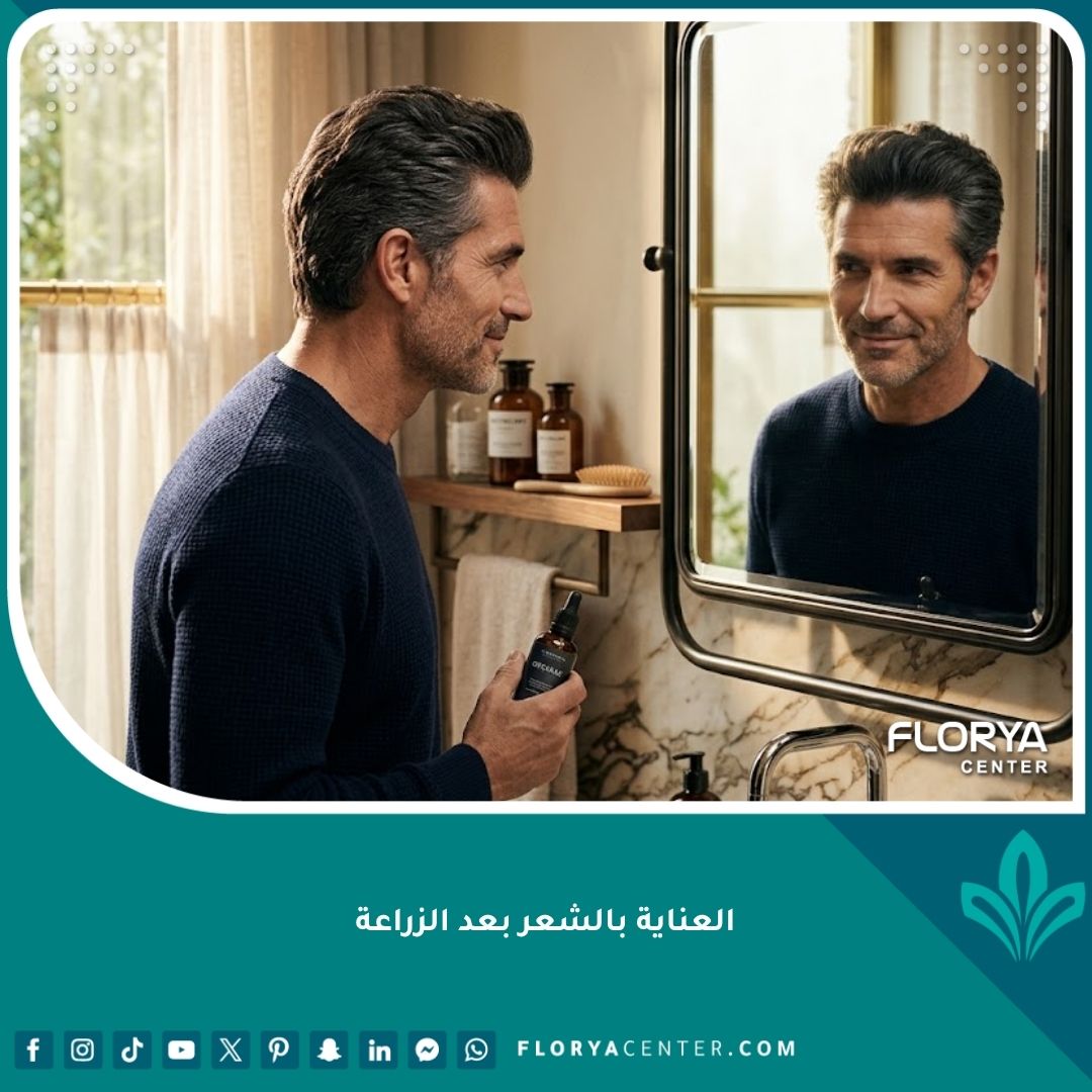 رجل يستعرض نتائج زراعة الشعر أمام المرآة مع إضاءة سينمائية تبرز كثافة الخط الأمامي للشعر.