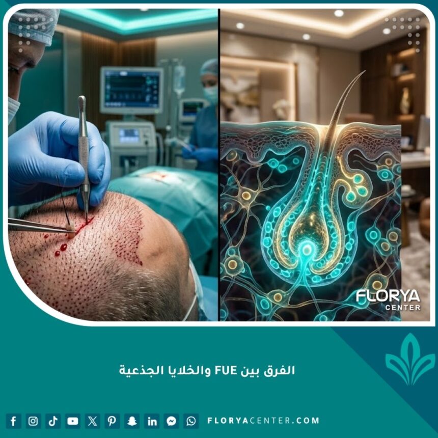 صورة بارزة توضح الفرق بين تقنية زراعة الشعر بالاقتطاف FUE وعلاج الشعر بالخلايا الجذعية.