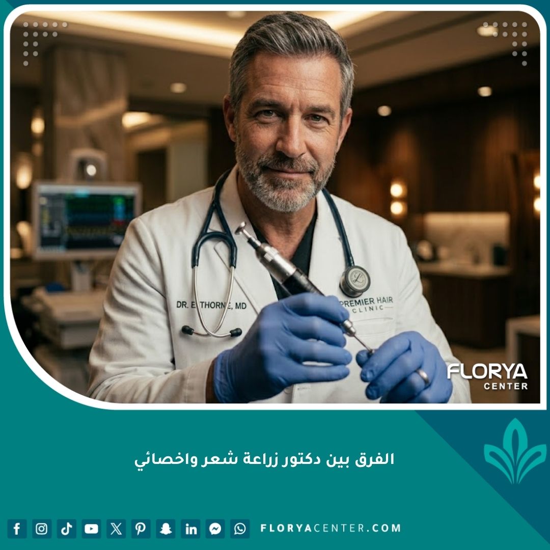 طبيب زراعة شعر متخصص يرتدي الزي الطبي في عيادة حديثة لزراعة الشعر.