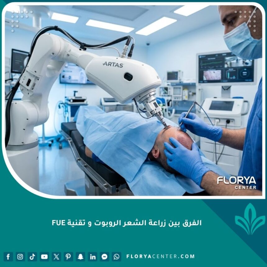 واجهة مقال توضح الفرق بين زراعة الشعر بالروبوت وتقنية الاقتطاف اليدوي FUE في عيادة متطورة.
