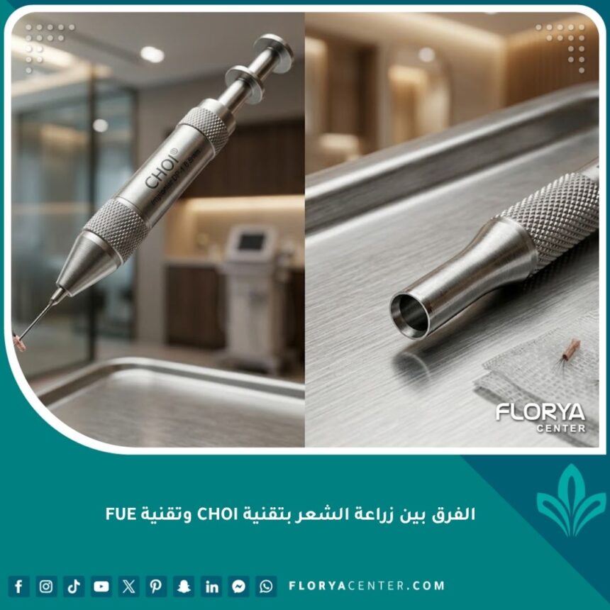صورة رئيسية توضح الفرق بين أدوات زراعة الشعر بتقنية أقلام تشوي CHOI وتقنية الاقتطاف FUE في عيادة احترافية.