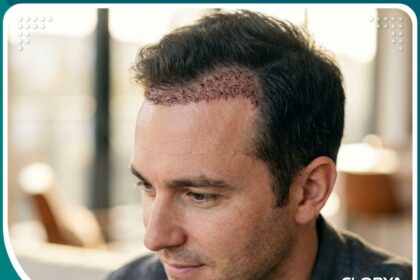 صورة احترافية توضح شكل القشور بعد زراعة الشعر في مرحلة التعافي الأولى.