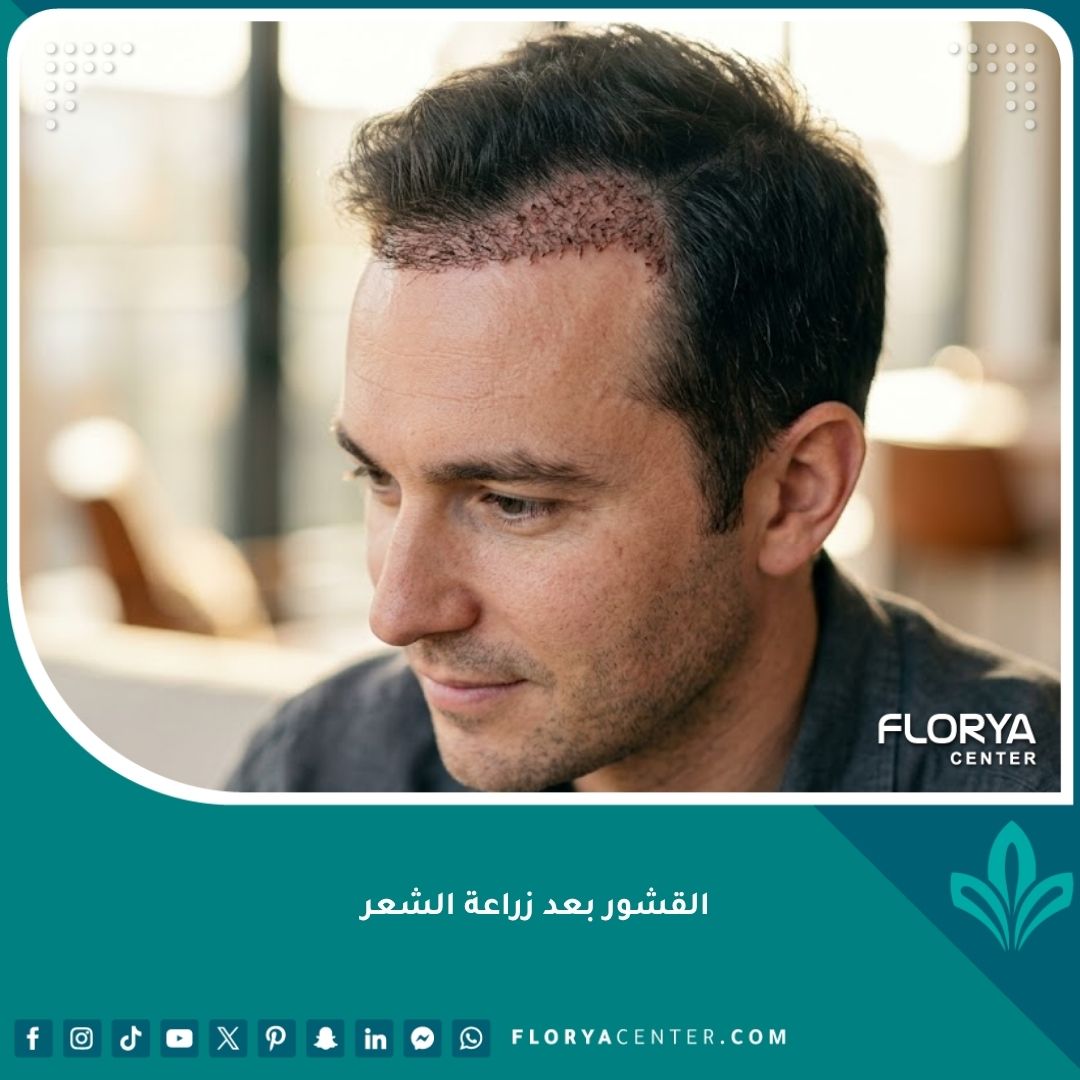 صورة احترافية توضح شكل القشور بعد زراعة الشعر في مرحلة التعافي الأولى.