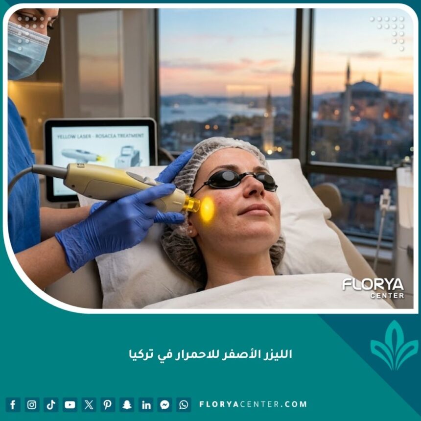 جلسة علاج بالليزر الأصفر لإزالة احمرار الوجه وعروق الدم الصغيرة في عيادة تجميل راقية في اسطنبول، تركيا.