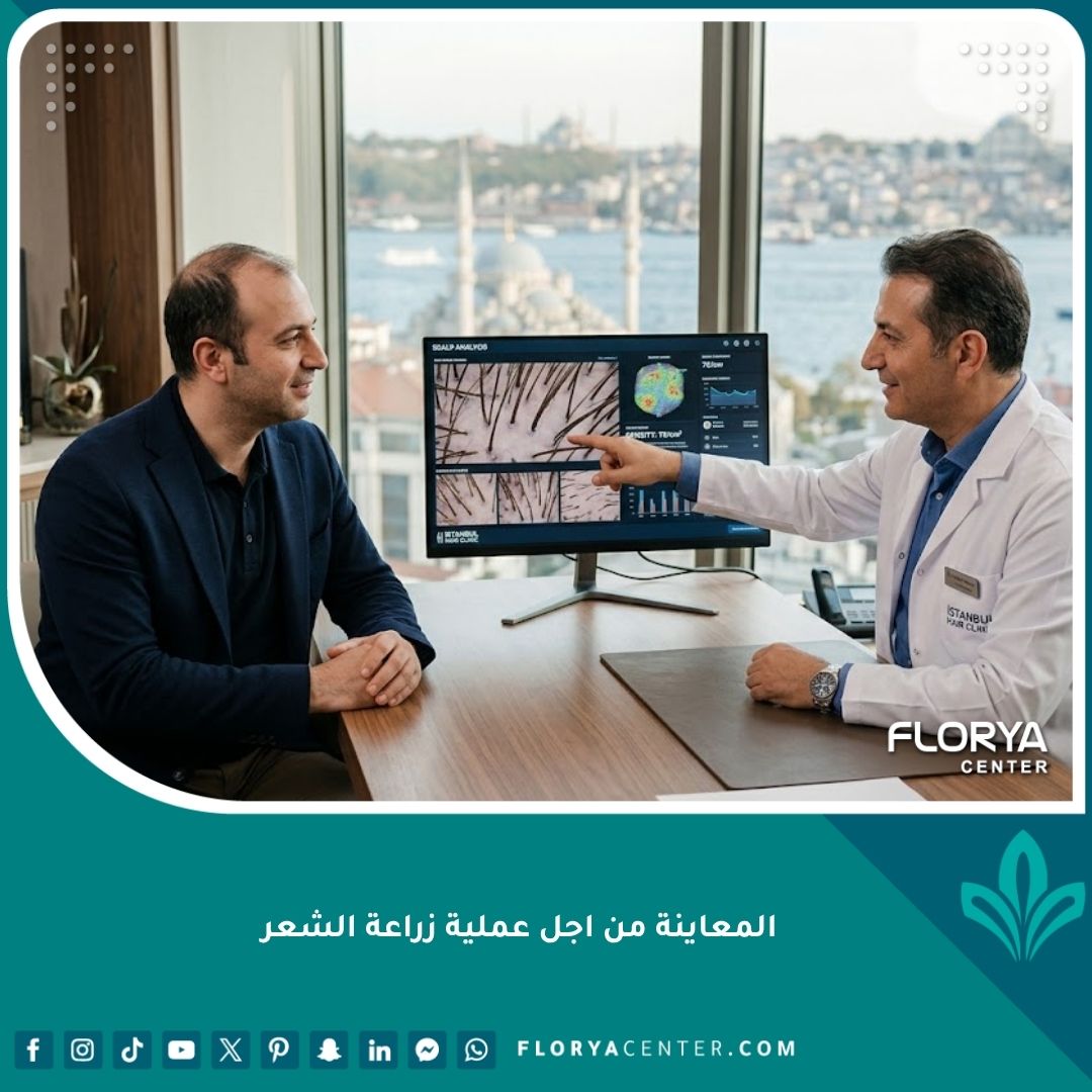 طبيب متخصص يشرح لمريض تحليل فروة الرأس الرقمي أثناء جلسة معاينة لزراعة الشعر في عيادة حديثة.