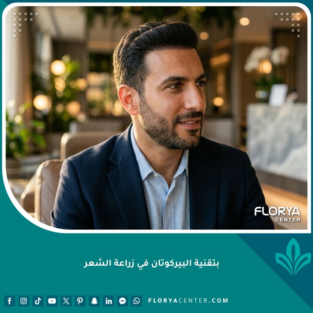 رجل بظهر جانبي يظهر خط شعر طبيعي وكثيف بعد إجراء عملية زراعة الشعر بتقنية البيركوتان في عيادة راقية، صورة سينمائية عالية الجودة.