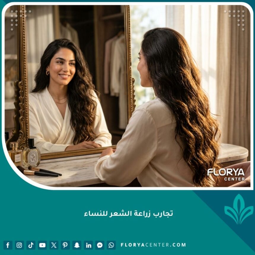 صورة واقعية لامرأة تبرز نتائج تجارب زراعة الشعر للنساء بكثافة طبيعية ومظهر جذاب.