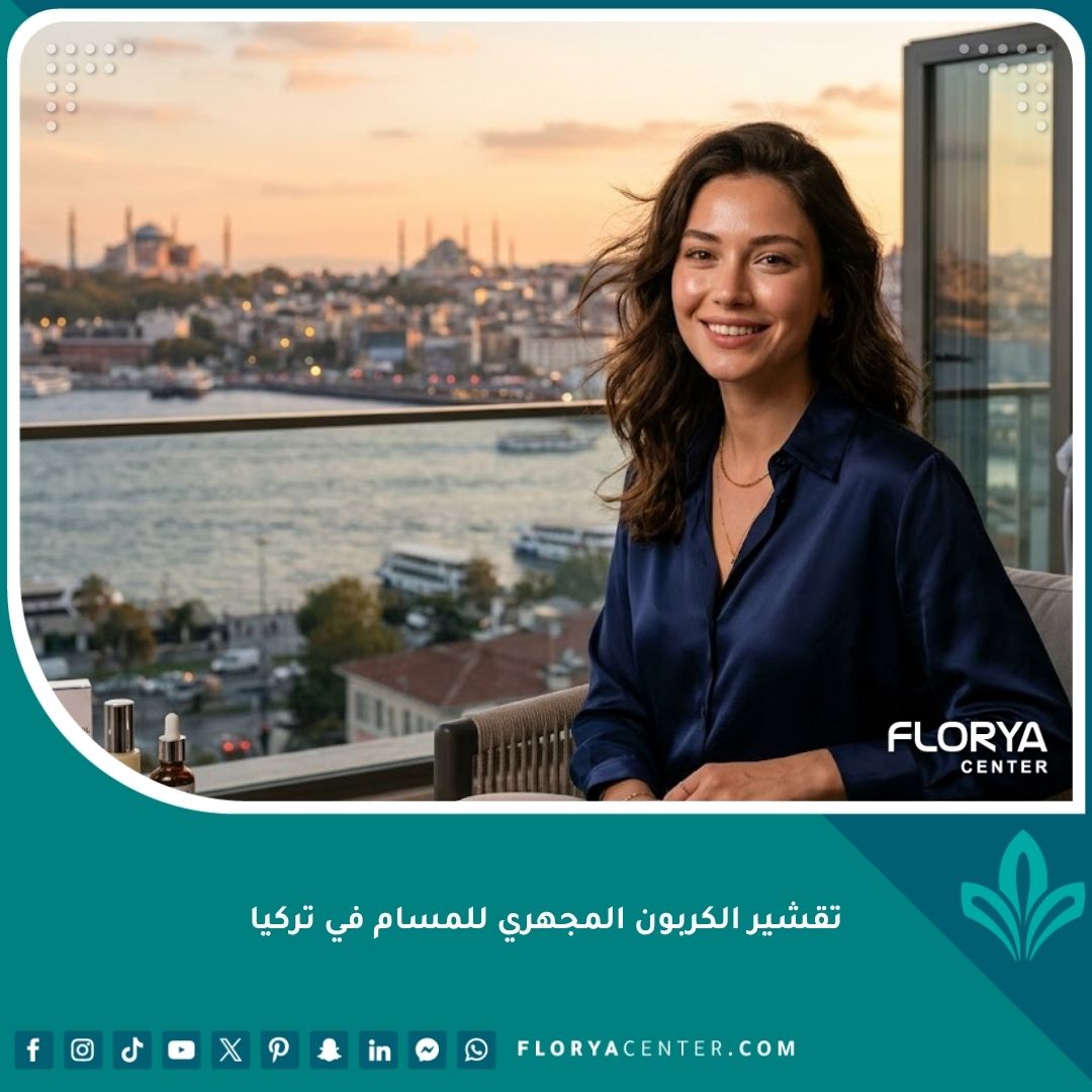 سيدة جميلة بلمسة نهائية خالية من العيوب للبشرة بعد جلسة تقشير الكربون المجهري للمسام في عيادة تجميل رائدة في تركيا.