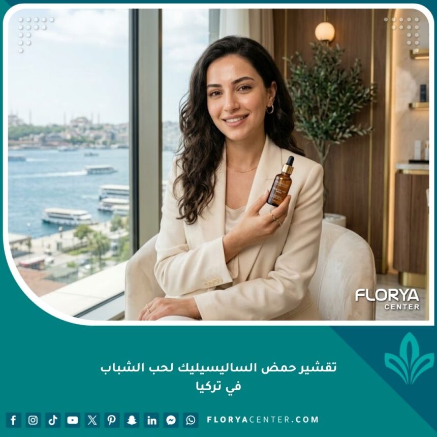 صورة مميزة تظهر بشرة شابة ومشرقة بعد الخضوع لتقشير حمض الساليسيليك لحب الشباب في عيادة تجميلية فاخرة باسطنبول، تركيا.