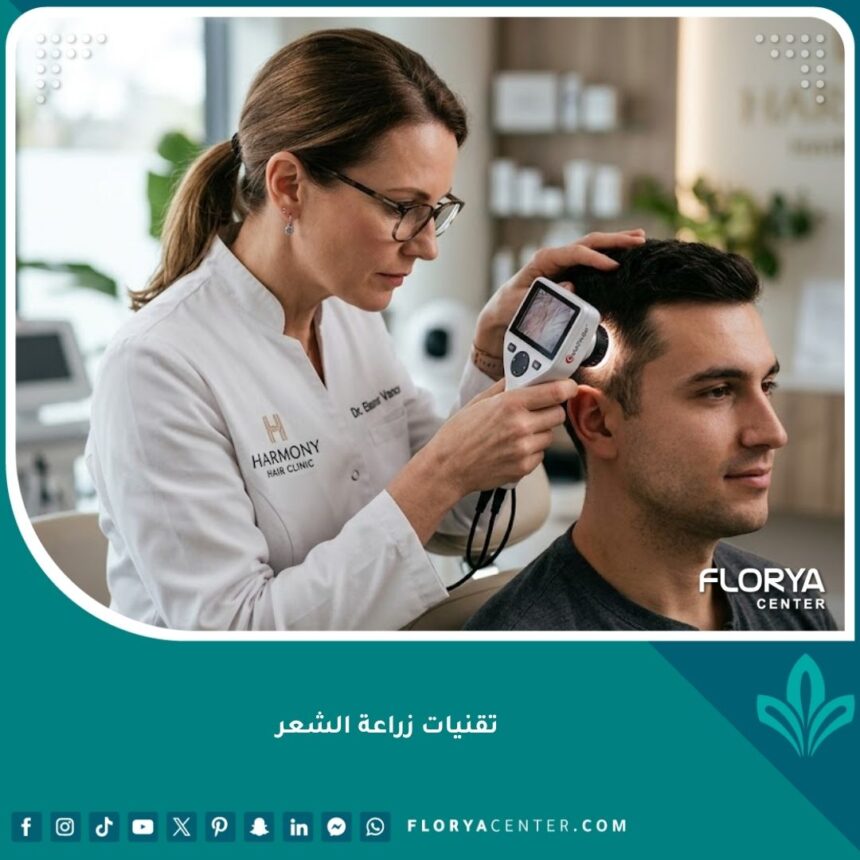صورة مميزة لتقنيات زراعة الشعر الحديثة وفحص فروة الرأس في عيادة متخصصة.