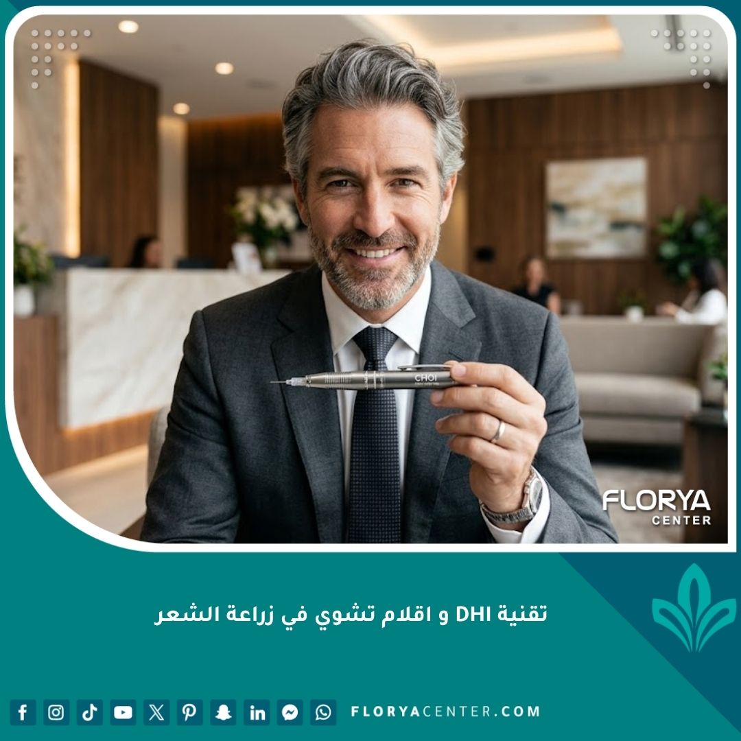 واجهة المقال: رجل ذو مظهر جذاب بشعر كثيف يمسك قلم تشوي المستخدم في زراعة الشعر بتقنية DHI لإظهار النتائج الطبيعية والدقة.