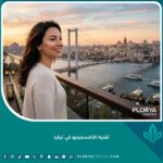 امرأة شابة ذات بشرة متألقة ونضرة تطل على مضيق البسفور في اسطنبول بعد الخضوع لتقنية الأكسجينيو للوجه في تركيا، تبرز النضارة والتفتيح الطبيعي.