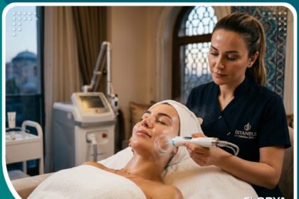 جهاز الأكوا فيشل يعمل على بشرة امرأة في عيادة تجميل فخمة بتركيا، يُظهر ترطيباً عميقاً وتنظيفاً مائياً.