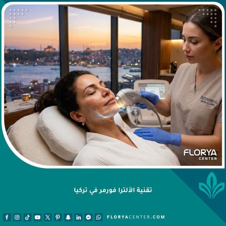 امرأة تخضع لجلسة ألترا فورمر III لشد الفك في عيادة تجميل راقية في إسطنبول مع إطلالة على البوسفور.