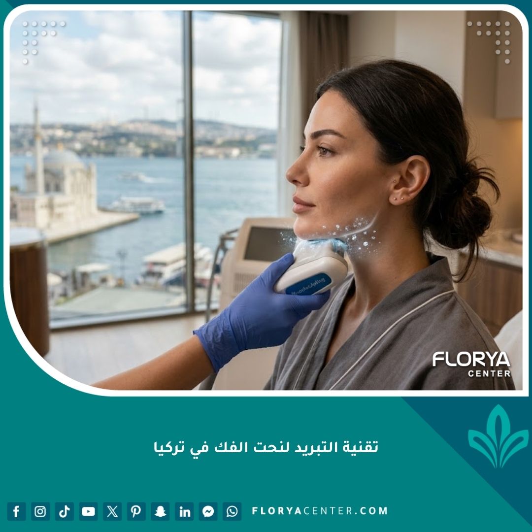 صورة سينمائية لامرأة ذات فك منحوت بشكل جميل تظهر تأثير تقنية التبريد (كول سكلبتنج) لإزالة اللغلوغ والذقن المزدوج في عيادة تجميل فاخرة في إسطنبول، تركيا.