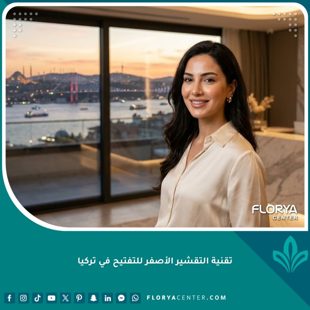 امرأة ذات بشرة نضرة ومشرقة بعد إجراء التقشير الأصفر للتفتيح في عيادة تجميل راقية في تركيا مع إطلالة على البوسفور.