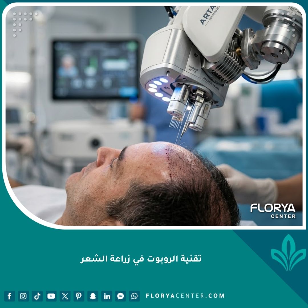 لقطة سينمائية قريبة لروبوت زراعة الشعر الذكي أثناء عملية اقتطاف البصيلات بدقة متناهية في عيادة حديثة.