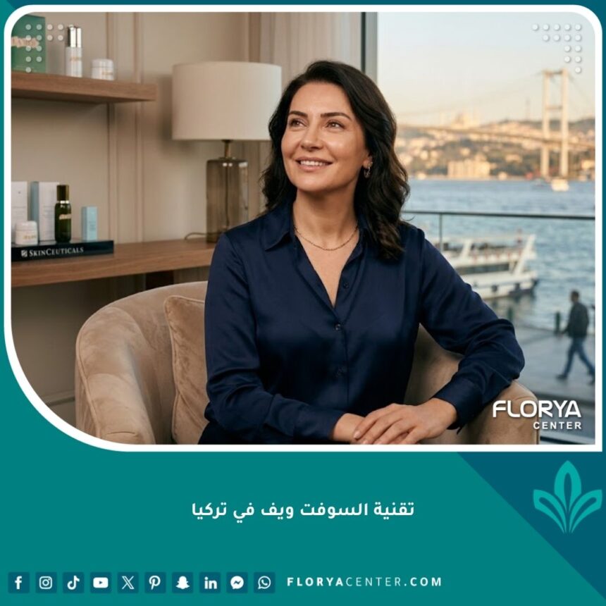 امرأة ذات بشرة مشدودة ونضرة بعد خضوعها لتقنية السوفت ويف لشد الوجه في تركيا، مع إطلالة خلفية على البوسفور في إسطنبول.