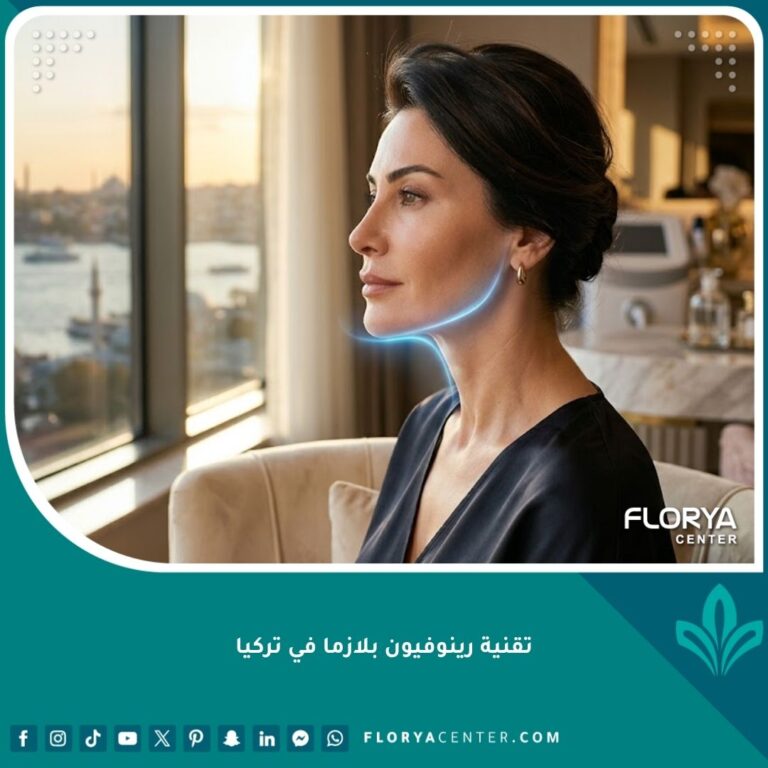 امرأة تظهر نتائج مذهلة لشد الفك والرقبة باستخدام تقنية رينوفيون بلازما في تركيا لعلاج الغلوغ.