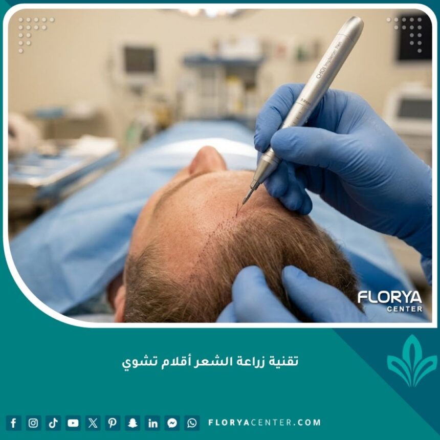 لقطة قريبة سينمائية دقيقة لطبيب يستخدم قلم تشوي لزراعة بصيلة شعر في مقدمة الرأس، تبرز دقة تقنية DHI.