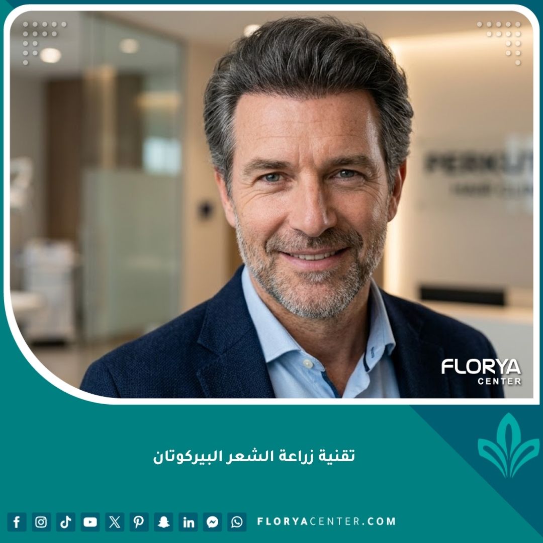 صورة قريبة سينمائية لرجل ذي شعر كثيف وخط شعر طبيعي بعد عملية زراعة الشعر بتقنية البيركوتان المتطورة، تظهر النتائج الطبيعية والدقيقة.