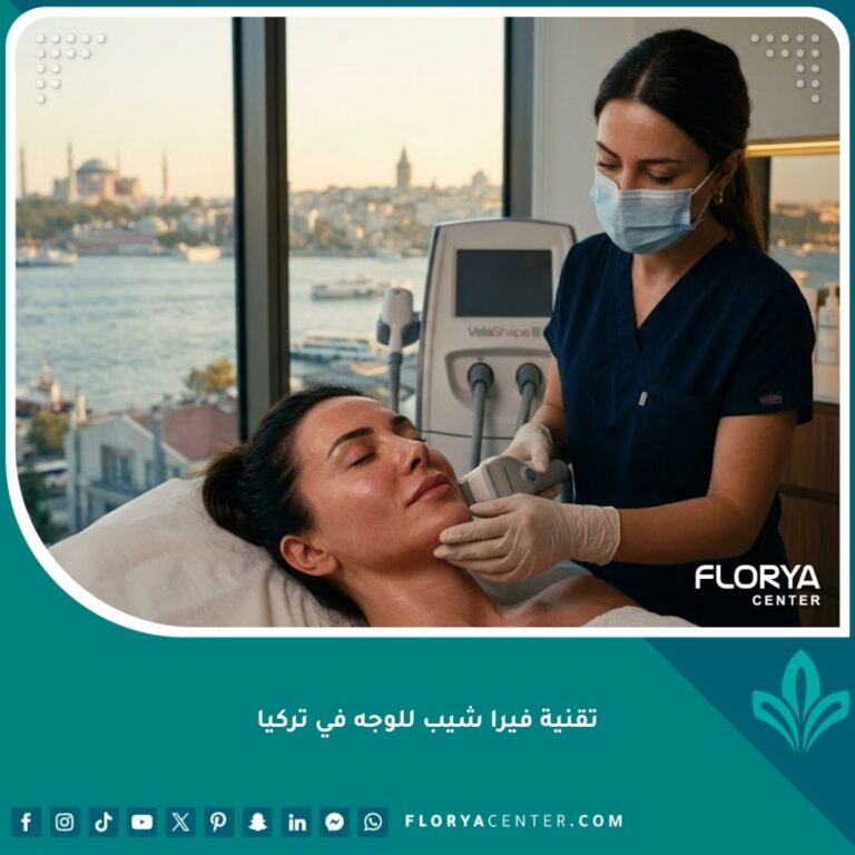 تقنية فيرا شيب للوجه في تركيا - صورة سينمائية تظهر أخصائية تجميل تستخدم جهاز فيلا شيب على فك امرأة في عيادة حديثة في إسطنبول مع إطلالة على البوسفور.