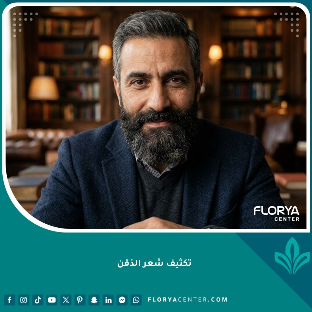 رجل واثق ذو لحية كثيفة ومصقولة تماماً بعد عملية زراعة شعر الذقن ناجحة لتعزيز المظهر الذكوري.