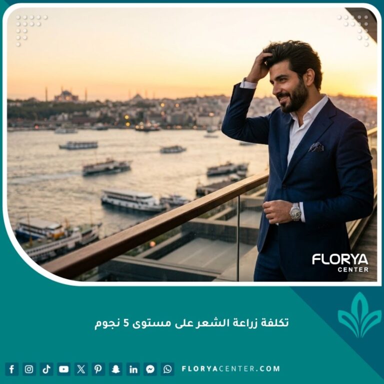 رجل عربي واثق على شرفة فندق فاخر في اسطنبول بعد عملية زراعة شعر ناجحة، يجسد تجربة الـ VIP.