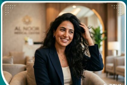 صورة مميزة تظهر امرأة واثقة ذات شعر كثيف بعد عملية زراعة الشعر للنساء في عيادة راقية.