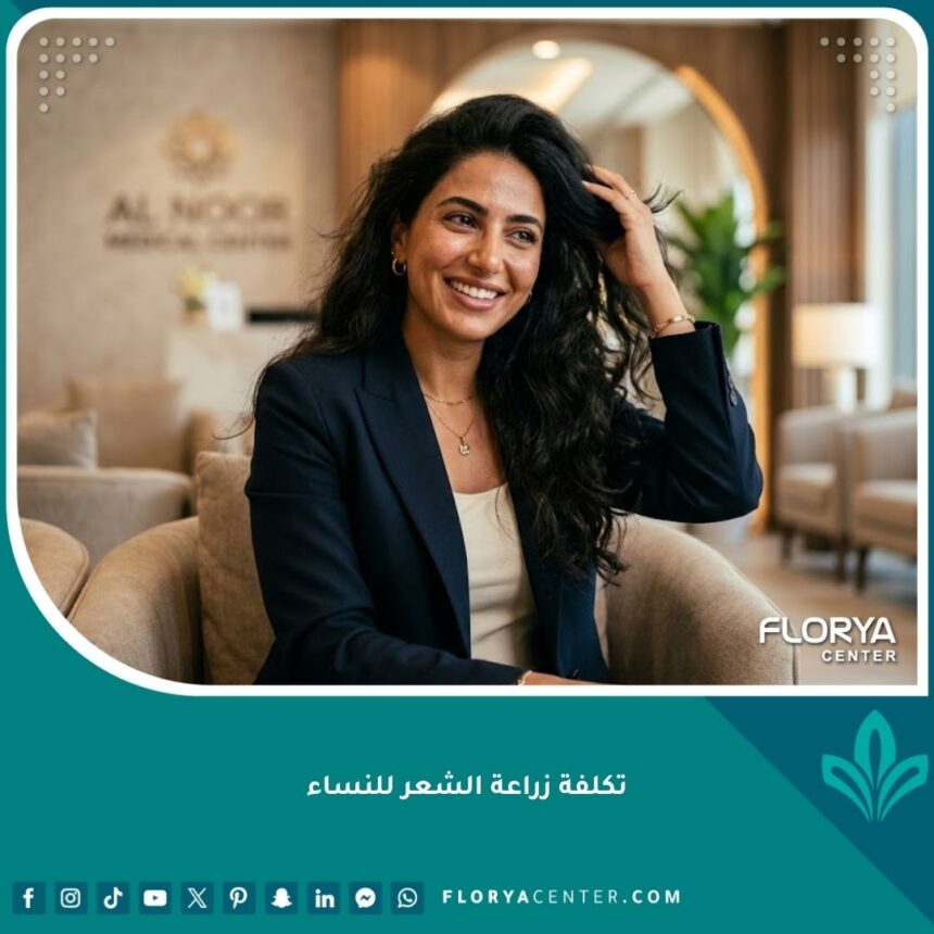 صورة مميزة تظهر امرأة واثقة ذات شعر كثيف بعد عملية زراعة الشعر للنساء في عيادة راقية.