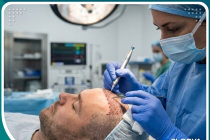 لقطة سينمائية قريبة تظهر دقة جراح زراعة الشعر أثناء عملية DHI في عيادة بتركيا.