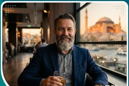 رجل وسيم ذو لحية كثيفة بعد نجاح عملية زراعة شعر الذقن في إسطنبول، تركيا.