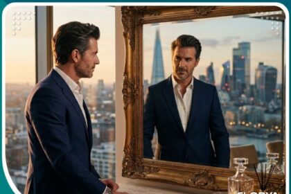 رجل واثق ووسيم يستمتع بنتيجة زراعة الشعر الكثيفة والطبيعية أمام المرآة، تعبيرًا عن النجاح والجودة.