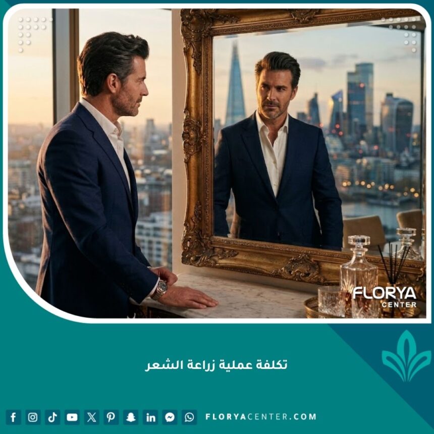 تكلفة عملية زراعة الشعر 1 رجل واثق ووسيم يستمتع بنتيجة زراعة الشعر الكثيفة والطبيعية أمام المرآة، تعبيرًا عن النجاح والجودة.