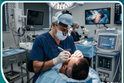 أحدث تكنولوجيا زراعة الشعر: طبيب يستخدم جهاز ميكروموتور دقيق لاستخراج البصيلات في عملية زراعة شعر حديثة.