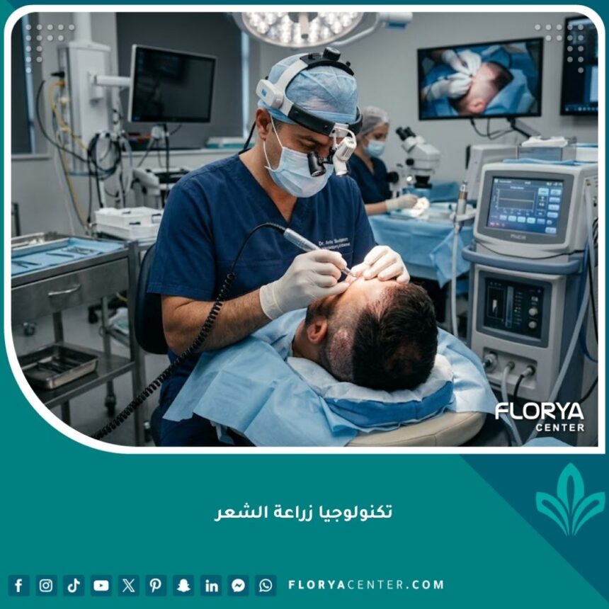 أحدث تكنولوجيا زراعة الشعر: طبيب يستخدم جهاز ميكروموتور دقيق لاستخراج البصيلات في عملية زراعة شعر حديثة.