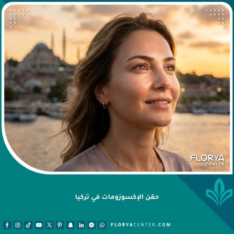 امرأة شابة ذات بشرة متألقة ومشدودة بعد خضوعها لعلاج حقن الإكسوزومات لتجديد الخلايا في تركيا، مع إطلالة بانورامية لمدينة إسطنبول في الخلفية.