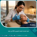 طبيبة جلدية في عيادة تجميل راقية في إسطنبول تقوم بحقن البلازما الغنية بالفيبرين (PRF) على وجه مريضة لتجديد الخلايا. تصوير سينمائي احترافي.