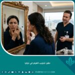 امرأة نادمة تنظر في المرآة بسبب الفيلر الفاشل وتستشير طبيباً حول تذويب الفيلر في تركيا