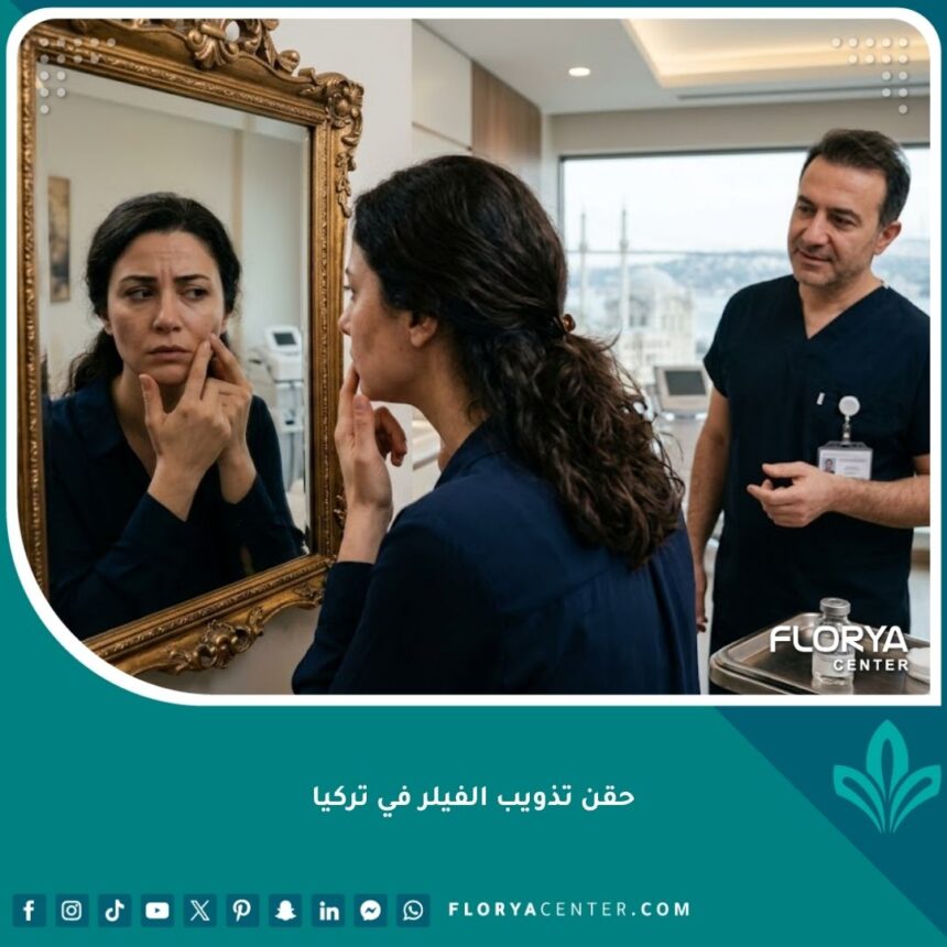 امرأة نادمة تنظر في المرآة بسبب الفيلر الفاشل وتستشير طبيباً حول تذويب الفيلر في تركيا