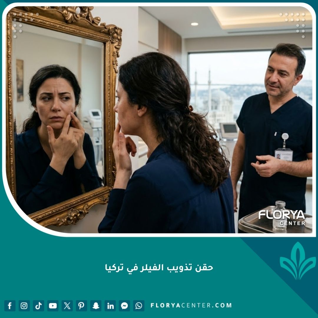 امرأة نادمة تنظر في المرآة بسبب الفيلر الفاشل وتستشير طبيباً حول تذويب الفيلر في تركيا